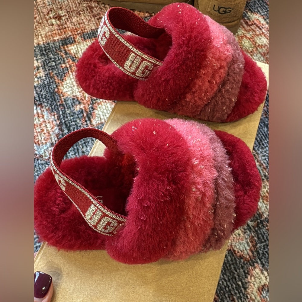 UGG Kids Red and Pink Fluffy Slippers